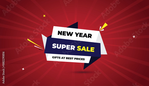 new year super sale gifts best prices web banner vector art template design badge icon label deep blue white shapes yellow bold text dark red light sun shine abstract business background