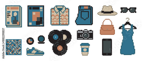 Collection of pixel art lifestyle objects including clothing, a camera, and vinyl records, rendered in a retro 8-bit video game style with a muted color palette for a vintage aesthetic