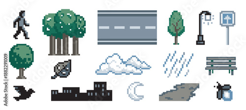 Collection of 8-bit pixel art game assets showing a walking character, city elements like a bench and lamp, and nature icons such as trees, clouds, rain, and a moon