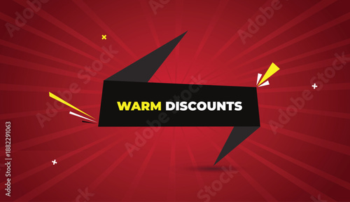Warm Discounts web banner vector art template design badge icon label black gray shapes yellow white bold text dark red light sun shine abstract business background modern promo graphic creative sale 