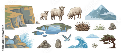 Detailed collection of pixel art nature sprites for creating a landscape, featuring a sheep family, snowy mountain, rocky cliff, ocean wave, and various plants