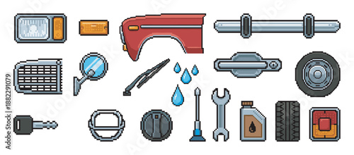 Collection of pixel art car parts and automotive accessories including a wheel, headlight, wrench, and oil can in a retro 8-bit video game style illustration set