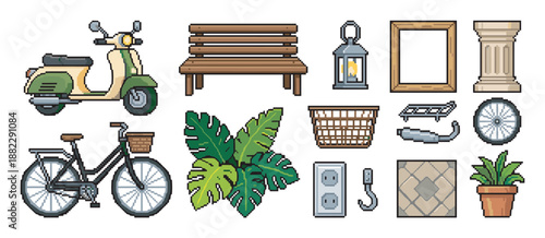 Large set of pixel art icons featuring a scooter, bicycle, bench, lantern, plants, and various household and outdoor items for a retro video game asset pack