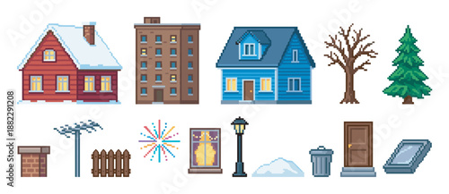 Set of pixel art winter city elements including snowy houses, an apartment building, trees, and street furniture for a retro video game constructor kit illustration