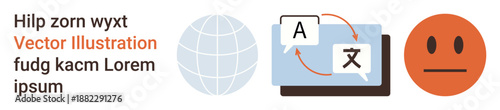 Language services, global communication, emotion, multilingual platforms, technology trends, translation tools. Globe, translation screen and face icon. Language services and global communication