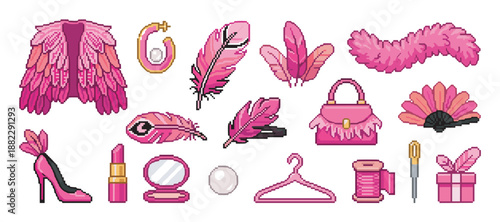 Pixel art set of pink fashion accessories including a feathered jacket, handbag, high heel shoe, and makeup items in a glamorous, retro 8-bit video game style illustration