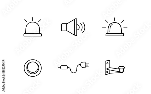 Collection of simple line icons representing security and alert system components