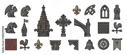 Set of Gothic architectural elements in a pixel art style, featuring gargoyles, a spire, a cross, and a rose window for a medieval fantasy or retro video game theme