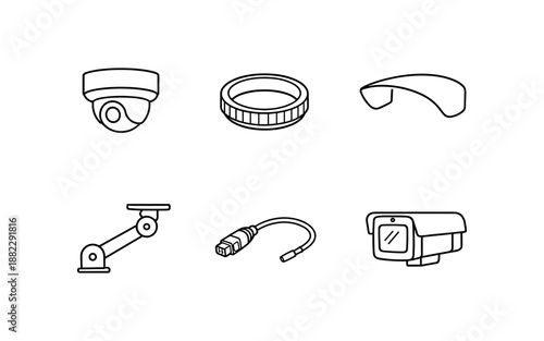 Collection of security camera icons and accessories for surveillance systems