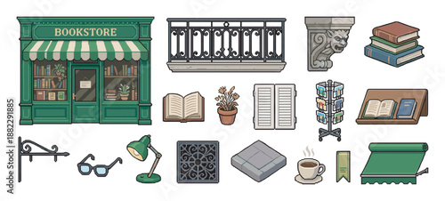 Collection of vintage bookstore and architectural element icons, including a green shopfront, iron balcony, gargoyle, books, lamp, and coffee in a detailed illustration style