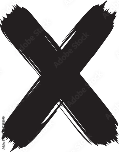Black Heavy Brush Stroke X Mark Icon Hand Painted on White Background
