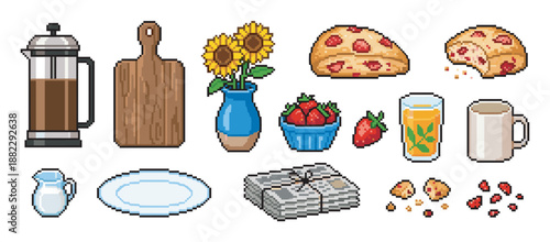 Pixel art collection of breakfast items including a french press, strawberry bread, fresh fruit, juice, and sunflowers, rendered in a charming retro 8-bit video game style