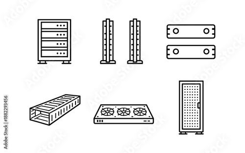 Collection of server room equipment icons in a clean line art style