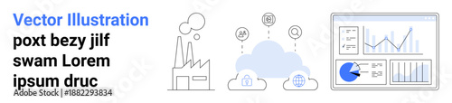 Factory emitting smoke, cloud icons with lock and settings, and analytic charts in a digital dashboard. Ideal for technology, data security, analytics, industry, innovation, cloud computing simple