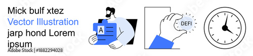 Financial concepts, documentation, decentralized finance, time management, cryptocurrency, data organization. A man presents a document, a DEFI coin in hand and an analog clock. Decentralized