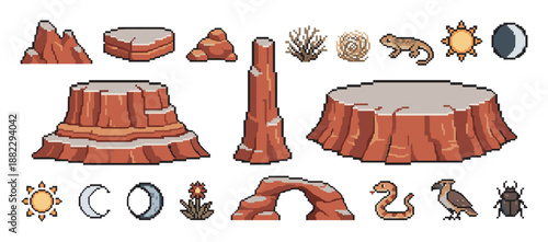 Pixel art collection of desert canyon assets featuring various rock formations, wildlife, and celestial bodies in a retro 8-bit video game style for creative projects