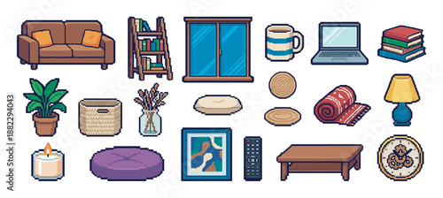Set of pixel art home furniture icons featuring a cozy sofa, bookshelf, laptop, and various decor items in a retro 8-bit video game style for interior design concepts