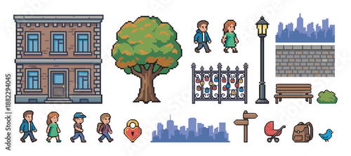 Pixel art city life asset pack collection featuring a building, characters, a tree, park bench, and other urban elements for creating a retro 8-bit or 16-bit video game scene