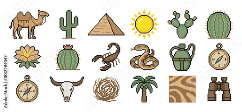 Collection of desert themed pixel art icons including a camel, cactus, pyramid, scorpion, snake, and compass in a retro 8-bit video game style for adventure and travel concepts