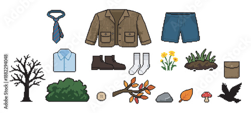 Collection of pixel art clothing and nature icons for a retro video game asset pack, including a jacket, shirt, boots, tree, and mushroom in a classic 8-bit style