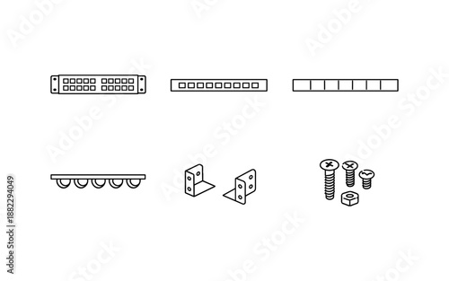 Collection of network and hardware components for server rack installation and assembly