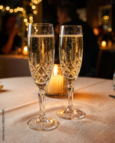 Two elegant champagne flutes stand on a table at a dimly lit venue, the effervescent drinks shimmering in the ambient light. The scene whispers of a special occasion.
