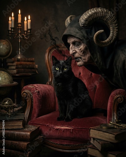 A surreal tableau of an enigmatic figure, crowned with impressive horns, shares a quiet moment with a sleek black feline, seated on a plush armchair, the ambiance steeped in mystery and aged history.