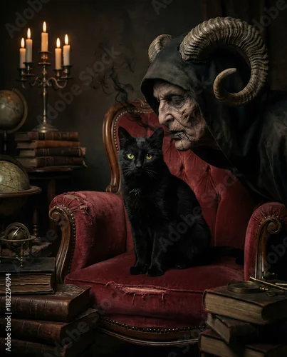 Fototapeta A surreal tableau of an enigmatic figure, crowned with impressive horns, shares a quiet moment with a sleek black feline, seated on a plush armchair, the ambiance steeped in mystery and aged history.