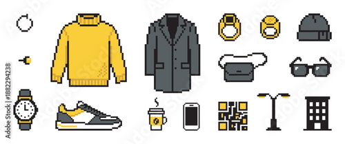 Collection of pixel art icons featuring men's fashion, accessories, and urban lifestyle elements like a sweater, coat, phone, and coffee in a retro 8-bit video game style