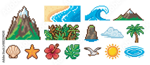 Set of pixel art icons featuring tropical beach and nature elements for a retro video game, including a mountain, wave, palm tree, sun, and seashell in a classic 8-bit style