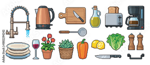 Detailed pixel art icon set of various kitchen appliances, utensils, food, and decor including a faucet, kettle, toaster, coffee maker, and potted plants