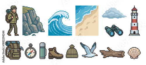 Set of pixel art icons for hiking and seaside adventure showing a backpacker, lighthouse, ocean wave, compass, and camping gear in a retro 8-bit video game style