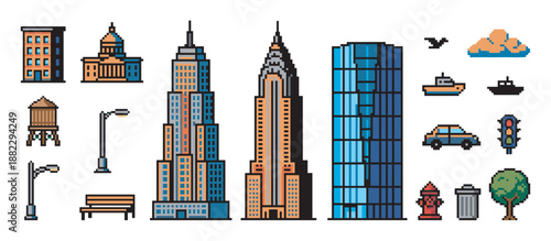 Pixel art city icon set with various buildings, skyscrapers, a water tower, car, boat, and street furniture in a colorful retro 8-bit video game graphic style
