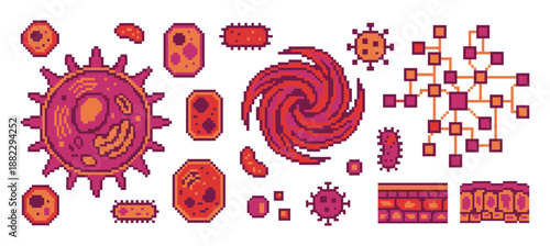 Collection of pixel art biological icons showing cells, viruses, bacteria, and scientific diagrams in a retro 8-bit video game style for microbiology themes