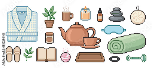 Set of pixel art spa icons for relaxation and self-care, including a bathrobe, teapot, candle, and towel in a retro 8-bit video game style