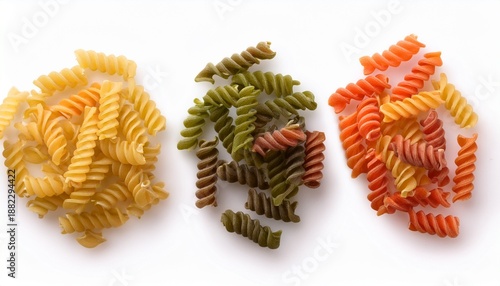 Three Colored Dry Fusilli Pasta Pieces With Transparent Background