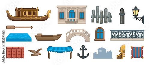 Set of pixel art game assets featuring a traditional canal boat, bridge, building facade, and other city elements in a retro 8-bit style for creative projects
