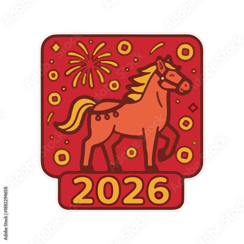 Year of the Horse 2026 winter holiday vector illustration with horse silhouette and festive firework theme