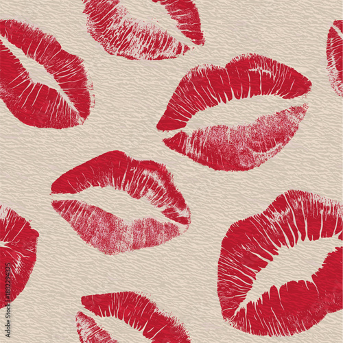 Red lipstick kiss marks covering a cream textured paper surface, creating a playful pattern. Red lipstick kiss marks seamless pattern on textured paper