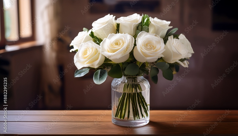 Fototapeta premium A Detailed Elegant Composition Featuring A Bouquet Of Fresh White Roses Arranged Gracefully In A Tall Clear Glass Vase Placed On A Wooden Table Styled With A Soft Vintage Aesthetic