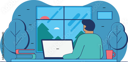 Person working on laptop at home near window with nature view image photo