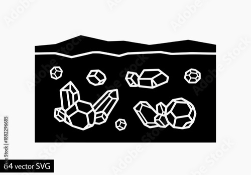 Vector illustration of crystals and gemstones in a black and white graphic design