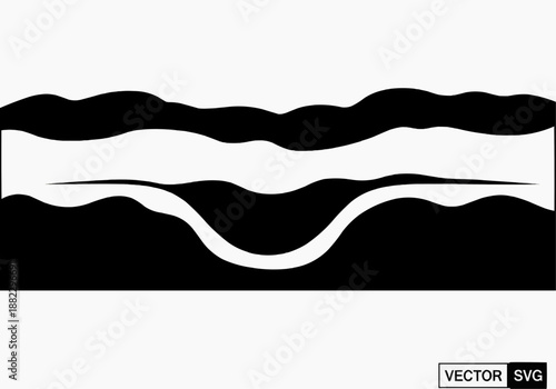Wavy black and white abstract illustration of fluid shapes from a frontal viewpoint