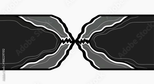 An abstract illustration features symmetrical black shapes with white lines on a gray background.