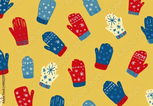 Cozy Winter Mittens Pattern With Red Blue White Snowflakes And Stars On Yellow Background
