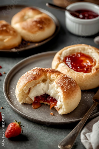 Buns filled with cream and strawberry