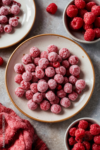 Plate with frozen red berries