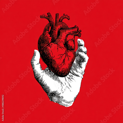 Human hand holding a heart organ.