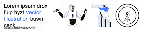 Artificial intelligence, data analytics, cybersecurity, innovation, business growth, technology trends. A robot, a figure analyzing data and an eye symbol. Artificial intelligence and data analytics
