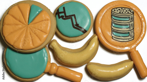 Decorated cookies in various shapes.